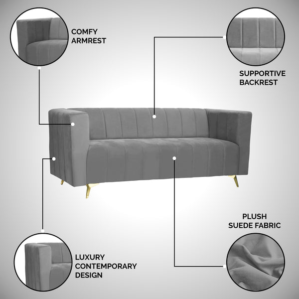 Tokyo Icon 3 Seater Sofa- ( Plush Suede Fabric- Grey )