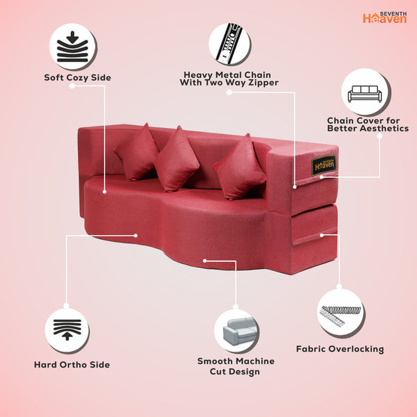 Curved Flipper X Sofa Cum Bed - 3 Seater, Plain Cushion ( Jute Fabric, Maroon )