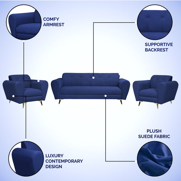 Milan Icon (3+1+1) Seater Sofa- ( Plush Suede Fabric- Blue )