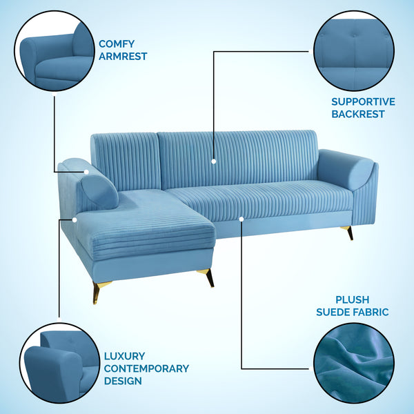 Venice 6 Seater Sofa Right Corner - ( Plush Suede Fabric - Sky Blue )