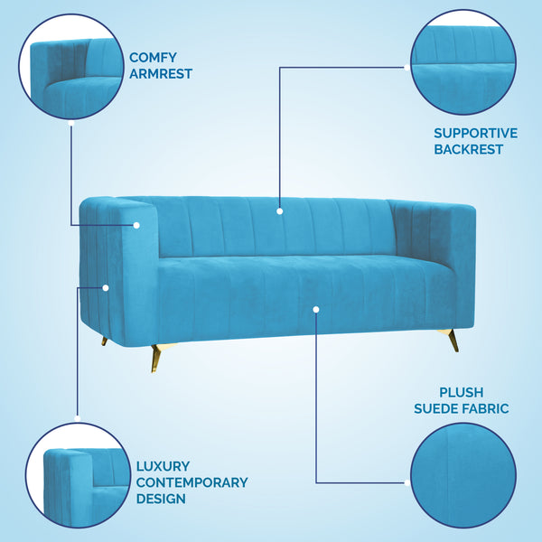 Tokyo Icon 3 Seater Sofa- ( Plush Suede Fabric- Sky Blue )