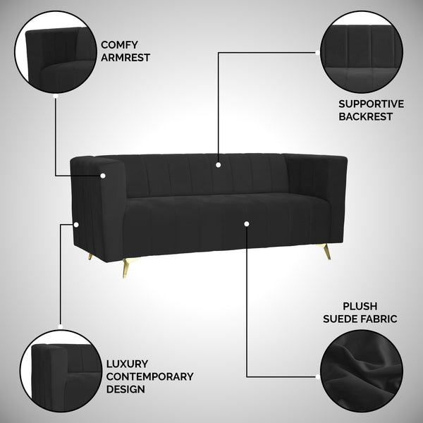 Tokyo Icon 3 Seater Sofa- ( Plush Suede Fabric- Black )
