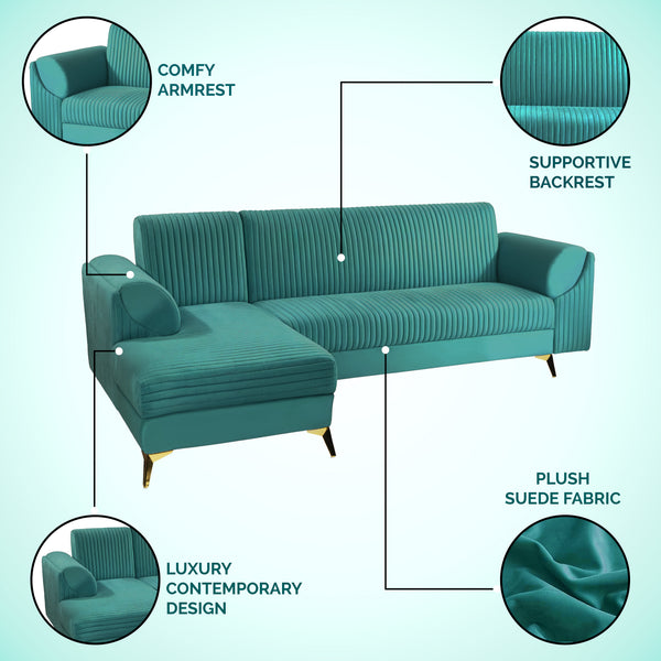 Venice 6 Seater Sofa Left Corner - ( Plush Suede Fabric - Teal )