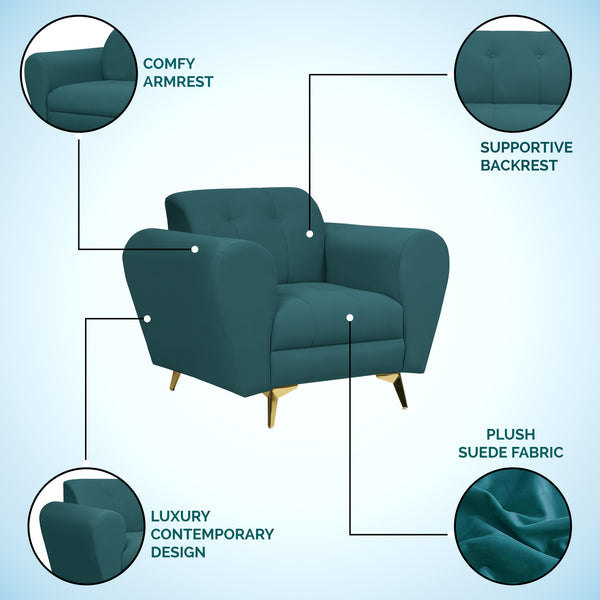 Milan Icon 1 Seater Sofa- ( Plush Suede Fabric- Teal )