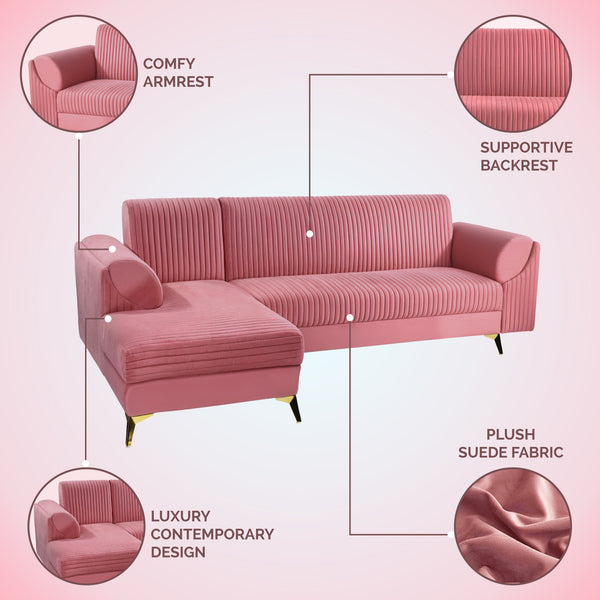 Venice 6 Seater Sofa Right Corner - ( Plush Suede Fabric - Peach )