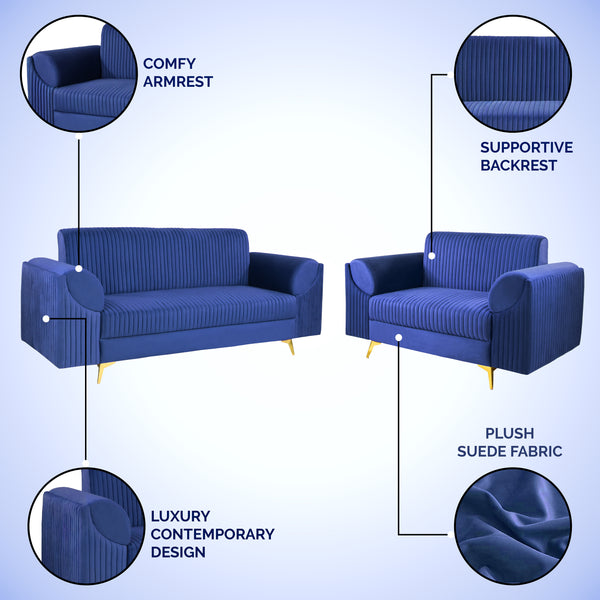 Venice (3+2) Seater Sofa- ( Plush Suede Fabric - Blue )