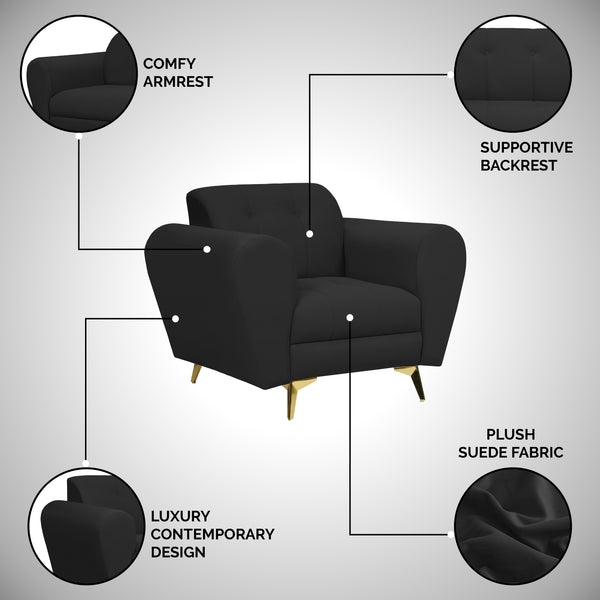 Milan Icon 1 Seater Sofa- ( Plush Suede Fabric- Black )