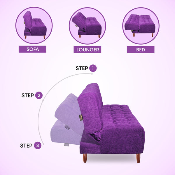 Florida Neo 3 Seater Wooden Sofa Cum Bed - ( Premium Molfino Fabric- Purple )