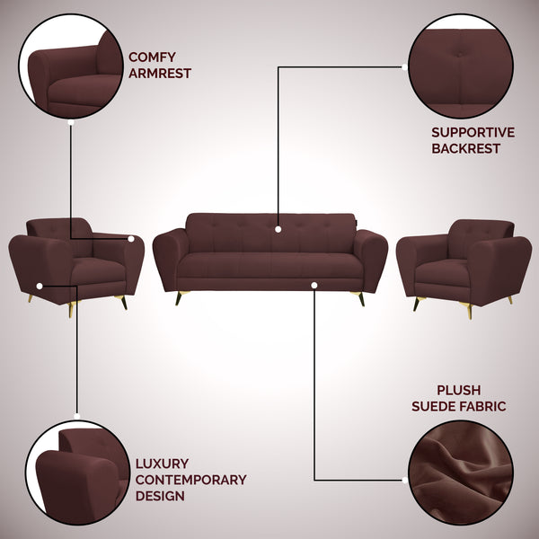 Milan Icon (3+1+1) Seater Sofa- ( Plush Suede Fabric- Brown )