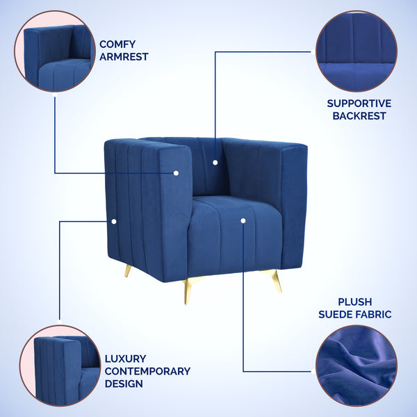Tokyo Icon 1 Seater Sofa- ( Plush Suede Fabric- Blue )