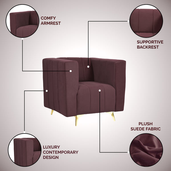 Tokyo Icon 1 Seater Sofa- ( Plush Suede Fabric- Brown )