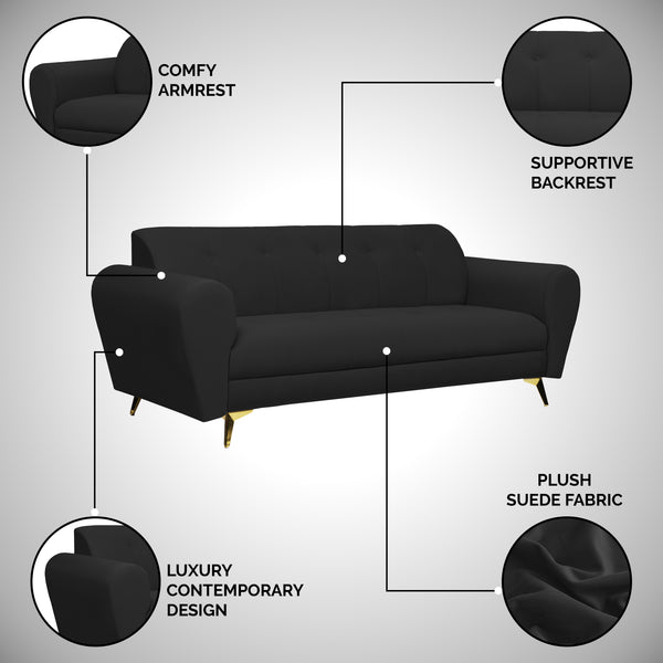 Milan Icon 3 Seater Sofa- ( Plush Suede Fabric- Black )