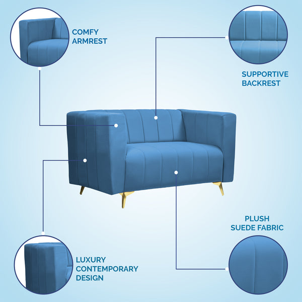 Tokyo Icon 2 Seater Sofa - ( Plush Suede Fabric - Sky Blue )