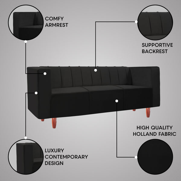 Sydney 3 Seater Sofa- ( Plush Suede Fabric- Black )