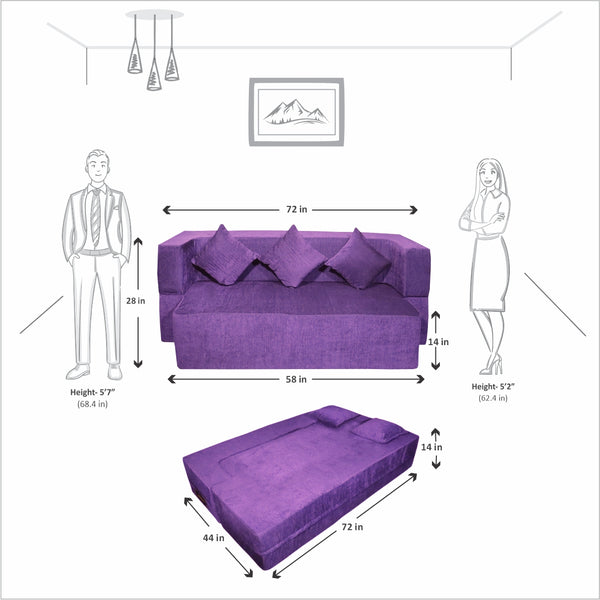 Flipper X Sofa Cum Bed Cover - 3 Seater, Plain Cushion ( Premium Molfino Fabric, Purple )