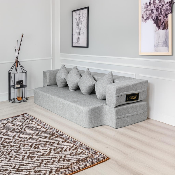 Flipper X Sofa Cum Bed - 4  Seater, Plain Cushion ( Jute Fabric, Light Grey )