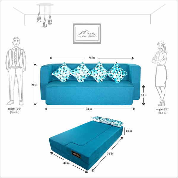 Flipper X Sofa Cum Bed - 3 Seater, Printed Cushion ( Jute Fabric,  Sky Blue )