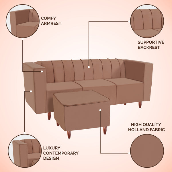 Sydney 4 Seater Sofa with Ottoman- ( Plush Suede Fabric- Beige )