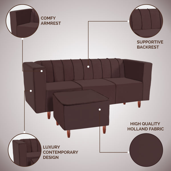 Sydney 4 Seater Sofa with Ottoman- ( Plush Suede Fabric- Brown )