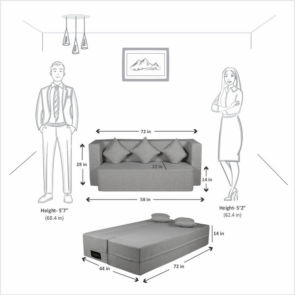 Flipper X Sofa Cum Bed - 3 Seater, Same Cushion ( Jute Fabric, Light Grey )