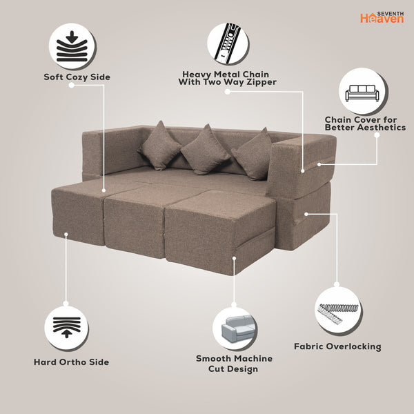 Flipper X Sofa Cum Bed - 3 Seater With 3 Ottoman - Plain Cushion (Jute Fabric, Brown )