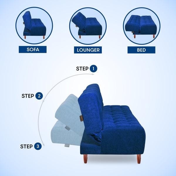 Florida Neo 3 Seater Wooden Sofa Cum Bed - ( Premium Molfino Fabric- Blue )