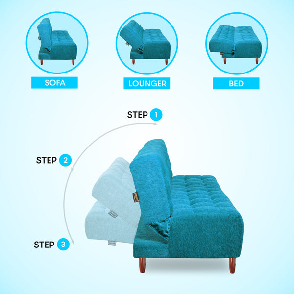 Florida Neo 4 Seater Wooden Sofa Cum Bed - ( Premium Molfino Fabric- Sky Blue )