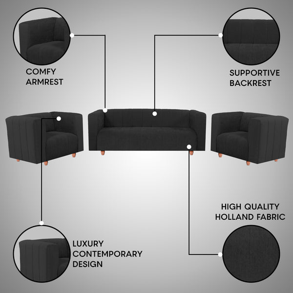 Tokyo 5 Seater Sofa- (3+1+1) ( Premium Molfino Fabric - Black )