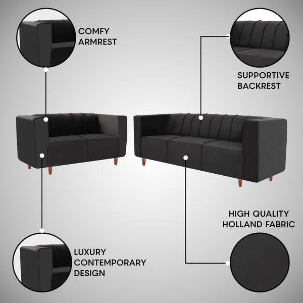 Sydney (3+2) Seater Sofa- ( Plush Suede Fabric- Black )