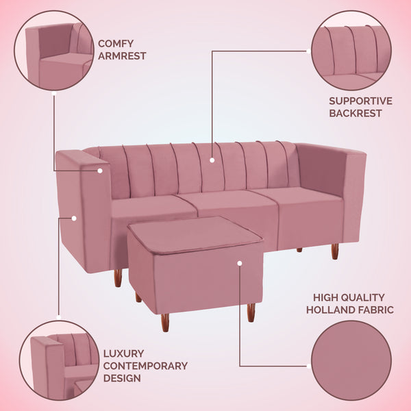 Sydney 4 Seater Sofa with Ottoman- ( Plush Suede Fabric- Peach )