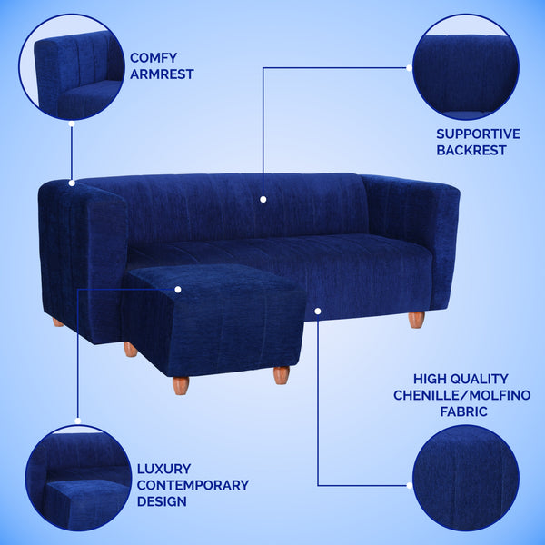 Tokyo 5 Seater Sofa with 2 Ottomans- ( Premium Molfino Fabric- Blue )