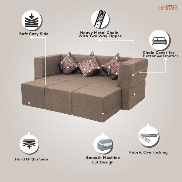 Flipper X Sofa Cum Bed - 3 Seater With 3 Ottoman - Printed Cushions ( Jute Fabric, Brown )