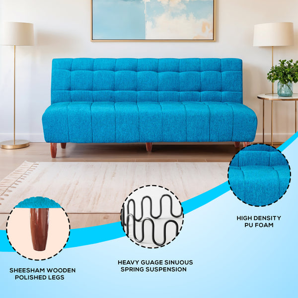 Florida 4 Seater Wooden Sofa Cum Bed - ( Premium Molfino Fabric- Sky Blue)