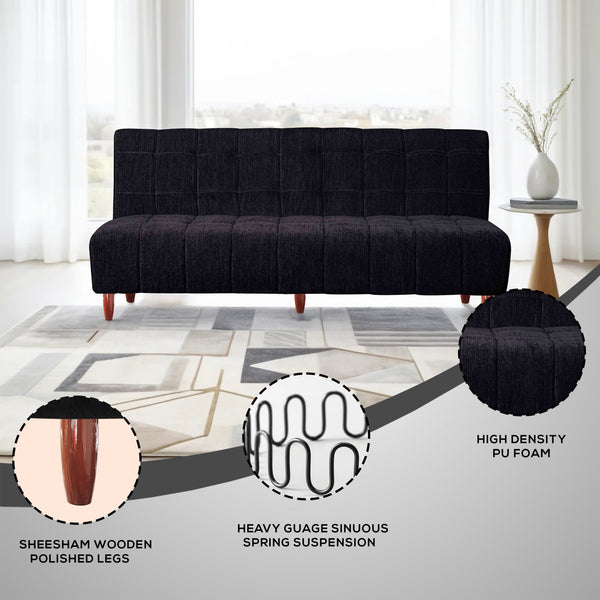 Florida 4 Seater Wooden Sofa Cum Bed - ( Premium Molfino Fabric- Black )