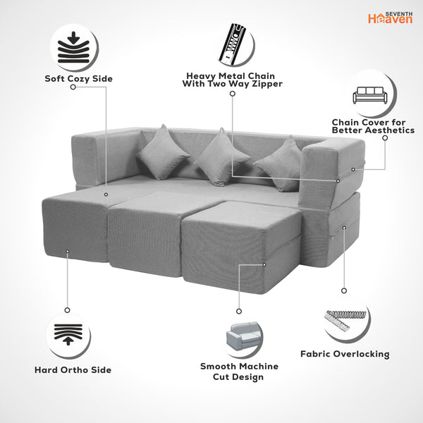 Flipper X Sofa Cum Bed - 3 Seater With 3 Ottoman - Plain Cushion (Jute Fabric, Light Grey )