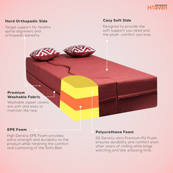 Curved Flipper X Sofa Cum Bed - 3 Seater, Printed Cushion ( Jute Fabric,Maroon )