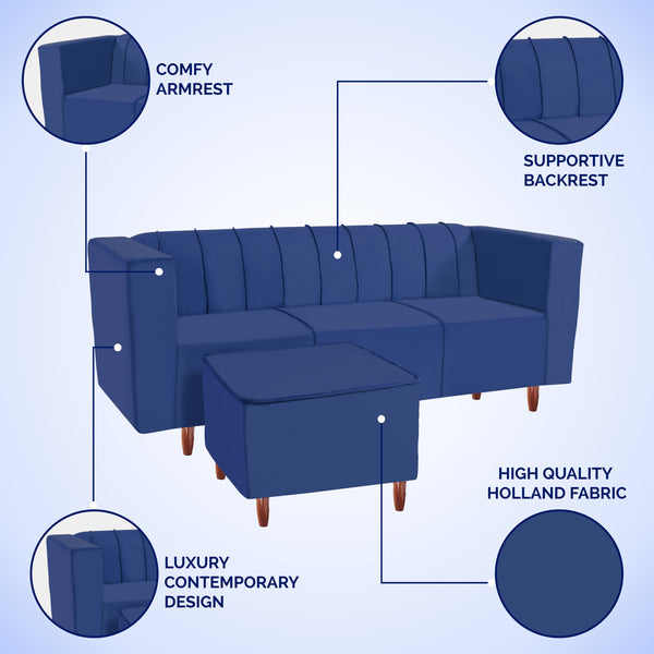 Sydney 4 Seater Sofa with Ottoman- ( Plush Suede Fabric- Blue )