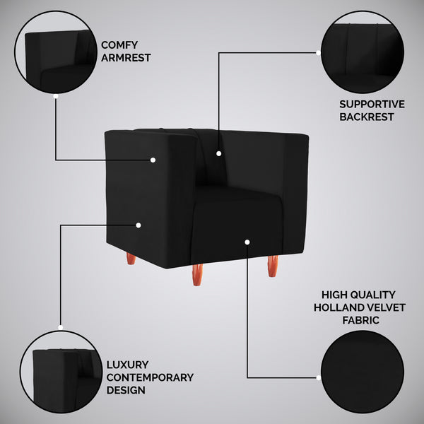 Sydney 1 Seater Sofa- ( Plush Suede Fabric- Black )