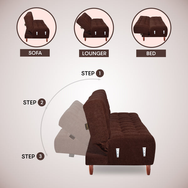 Lisbon Neo 3 Seater Wooden Sofa Cum Bed - ( Premium Molfino Fabric- Brown )