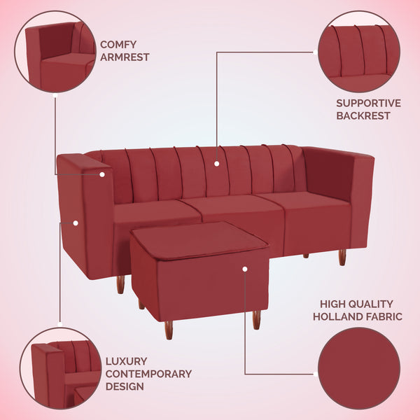 Sydney 4 Seater Sofa with Ottoman- ( Plush Suede Fabric- Maroon )