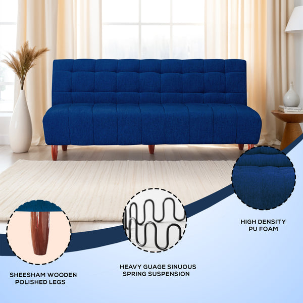 Florida 3 Seater Wooden Sofa Cum Bed - ( Premium Molfino Fabric- Blue )