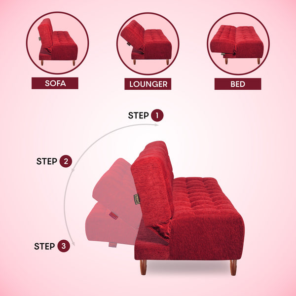 Florida Neo 4 Seater Wooden Sofa Cum Bed - ( Premium Molfino Fabric- Maroon )