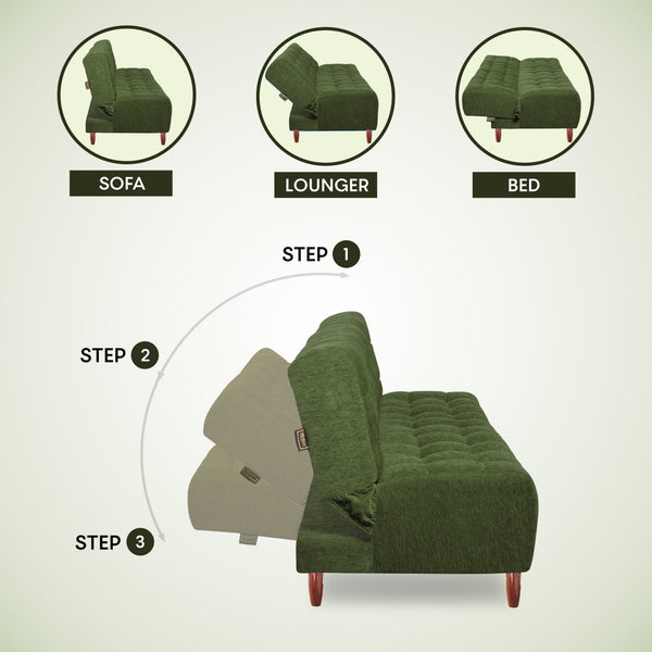Florida Neo 4 Seater Wooden Sofa Cum Bed - ( Premium Molfino Fabric- Green )