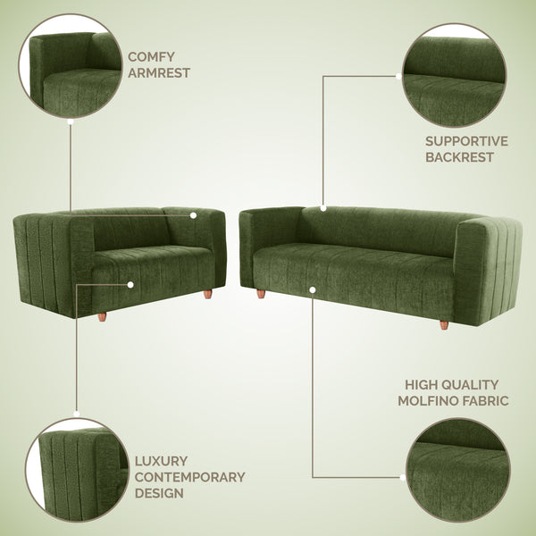 Tokyo 5 Seater Sofa- (3+2) ( Premium Molfino Fabric - Green)