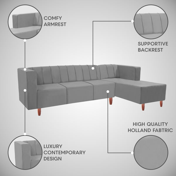 Sydney 6 Seater sofa right corner- ( Plush Suede Fabric- Grey )