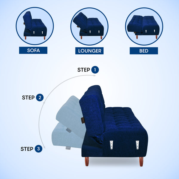 Lisbon Neo 3 Seater Wooden Sofa Cum Bed - ( Premium Molfino Fabric- Blue )