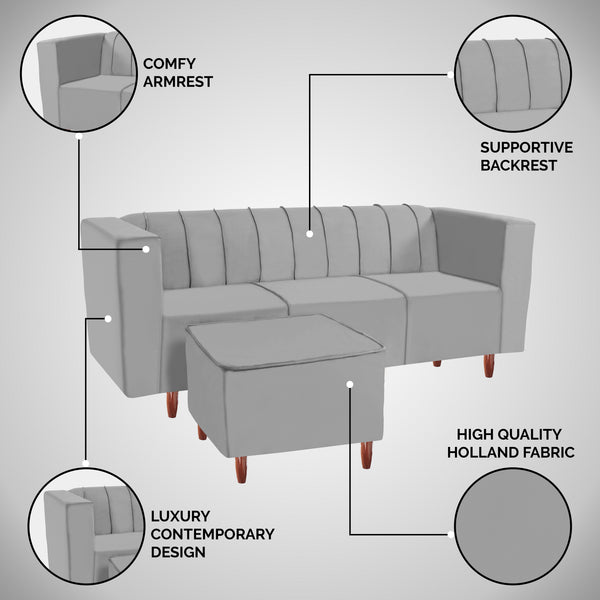 Sydney 4 Seater Sofa with Ottoman- ( Plush Suede Fabric- Grey )