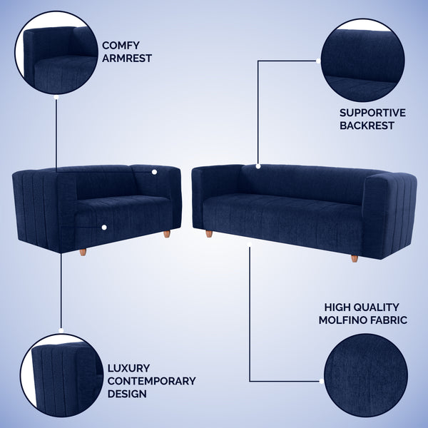 Tokyo 5 Seater Sofa- (3+2) ( Premium Molfino Fabric - Blue)