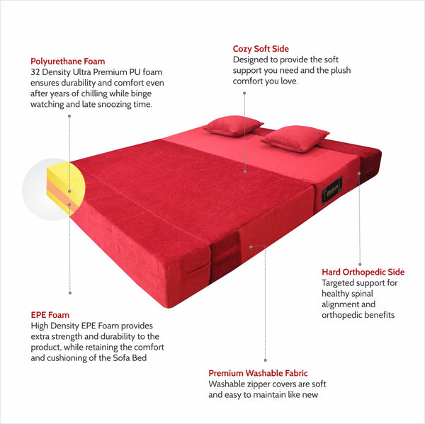 Rejoice Sofa Cum Bed - 3 Seater, Plain Cushion ( Premium Molfino Fabric, Maroon )