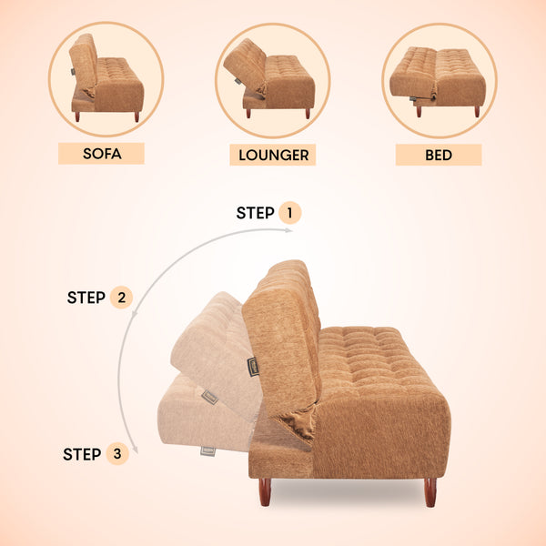 Florida Neo 4 Seater Wooden Sofa Cum Bed - ( Premium Molfino Fabric- Beige )